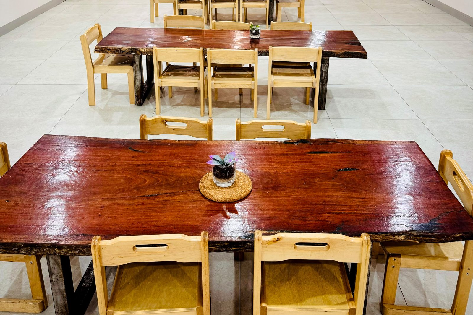 Long timber tables and child-sized chairs in the Blooming Buds dining room